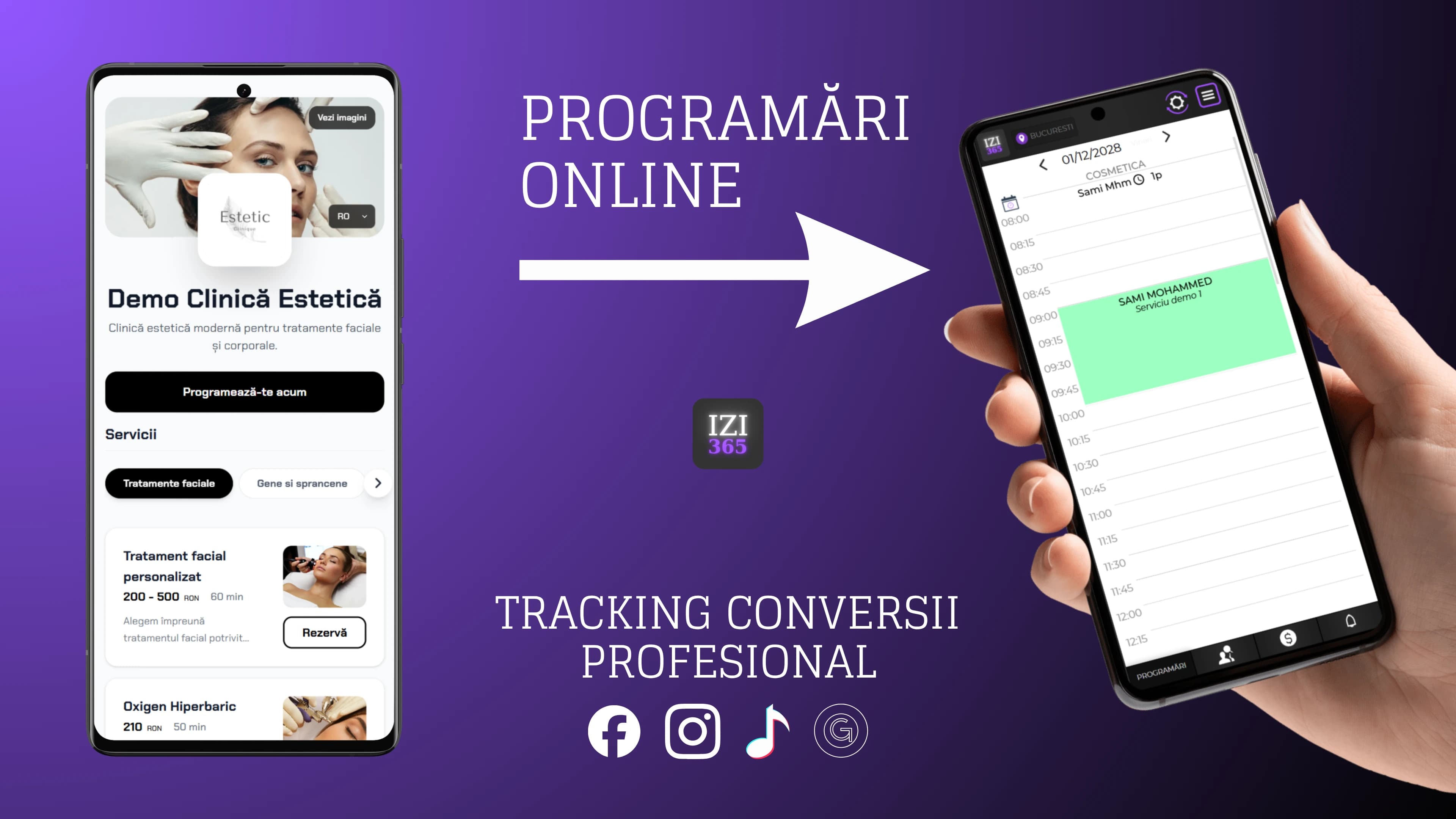 Interfața IZI365 — programări și integrare reclame
